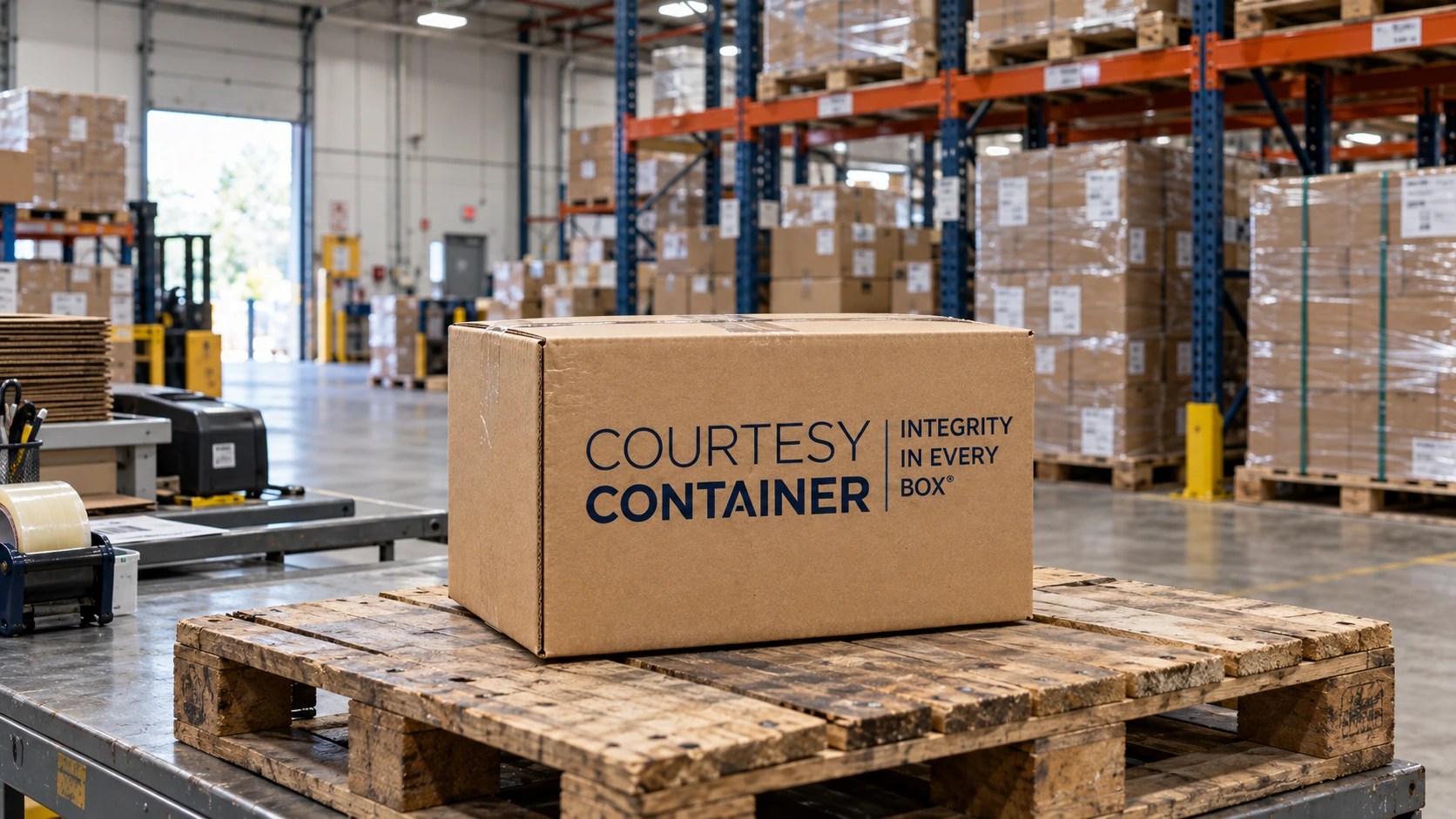 Courtesy Container branded shipping box on a conveyor in a premium warehouse setting